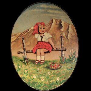 Vintage Traditional German Girl Scenic Landscape Amateur Folk Art Painting Wood